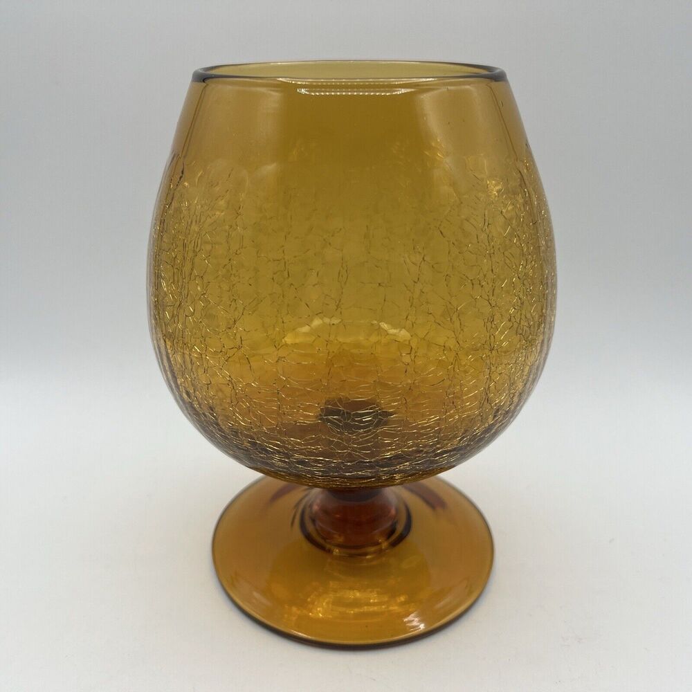 Vtg Amber Gold Crackle Art Glass Brandy Snifter Small 7.5" MCM Mid Century